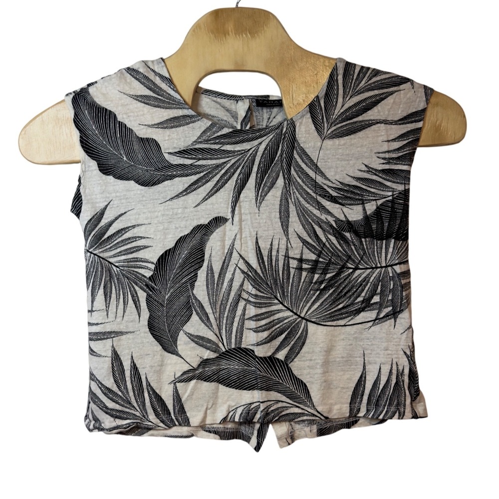 Tahari Women's 100% Linen Tropical Palm Print Top Size M Back Button Summer